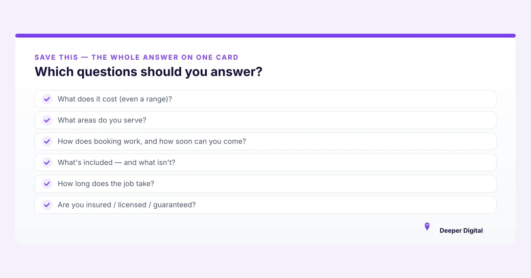 Summary card listing the six FAQ questions local customers already ask by phone: cost, service area, booking and timing, what's included, job duration, and licensing or insurance
