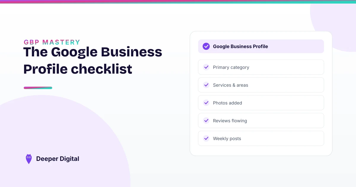 A Google Business Profile checklist card with primary category, services and areas, photos, reviews and weekly posts each checked off