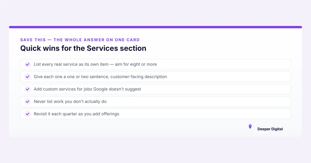 A Google Business Profile services card showing named detailing services rather than package names