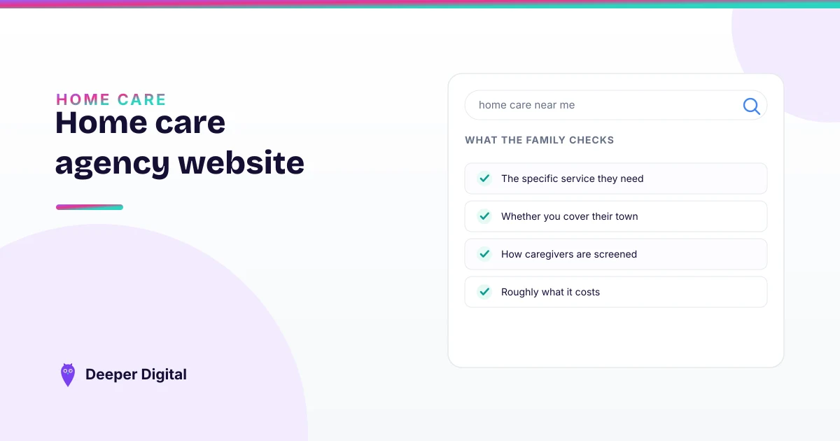 Laptop showing a home care agency website with caregiver credentials, service areas and pricing visible above the fold