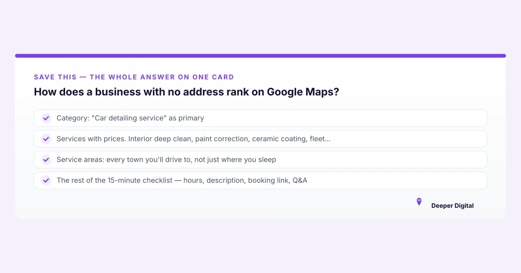 A card explaining how a detailing business with no published address can rank on Google Maps, naming the car detailing service category