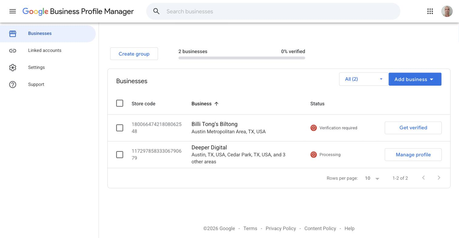 Deeper Digital's own Google Business Profile on day zero — the unranked 'before' baseline